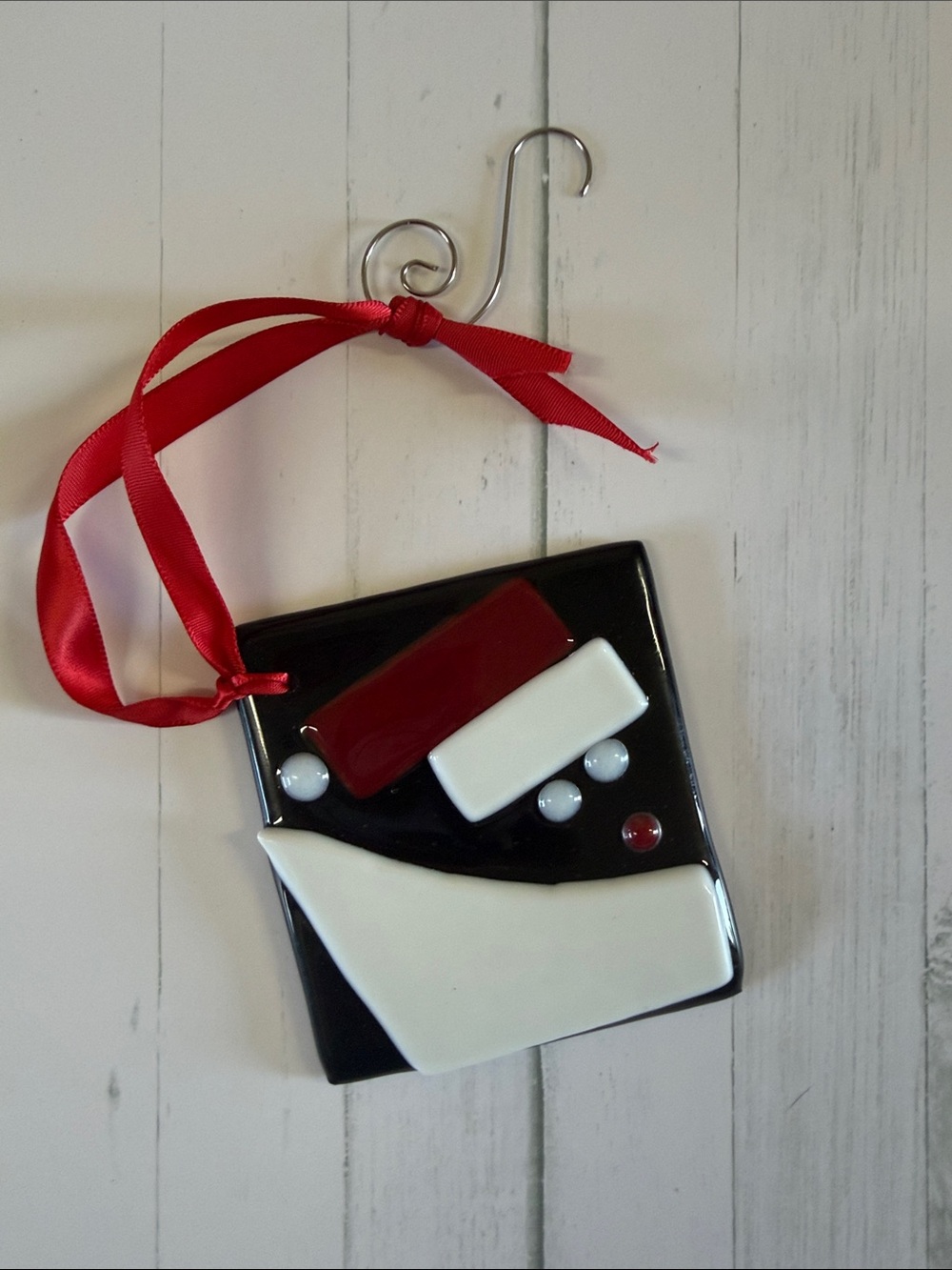 Artisan Glass Hanging Tile - Black, White & Red Modern Fused Design